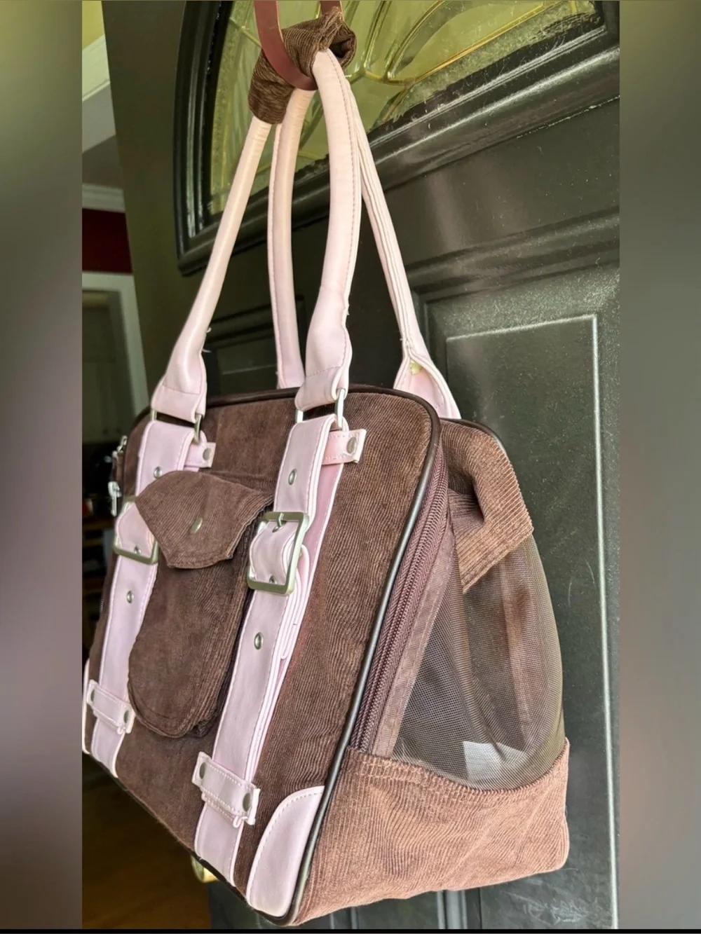 Brown Corduroy Small Pet Carrier with Faux Pink Leather Handles & Accents